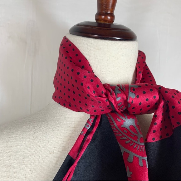 T T Top 100% Silk Square Scarf Black Red Gray Polka Dots Paisley Sateen Finish - Picture 10 of 16